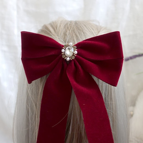 Wine Red Velvet Hair Bow With Rhinestone , Velvet Hair Tie, Bow Hair Clip, Clip and Barrette.