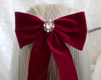 Burgundy Velvet Hair Bow With Crystal Pearl Brooch, French Barrette Clip