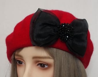Scarlet Red Wool Felt Beret Hat With Red Velvet Ribbon Bow  display picture 3