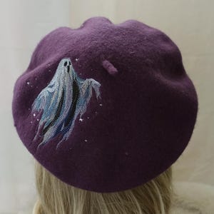 Witchy Purple Ghost Embroidered Beret – Spooky Halloween, Witchy, Gothic , Ghostcore Fashion