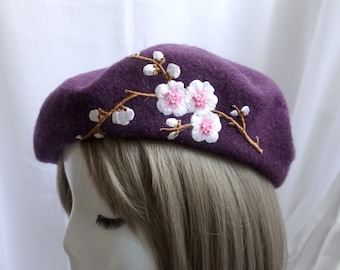 Purple Wool Felt Beret with White Cherry Blossom Embroidery - Stylish Headwear for Winter