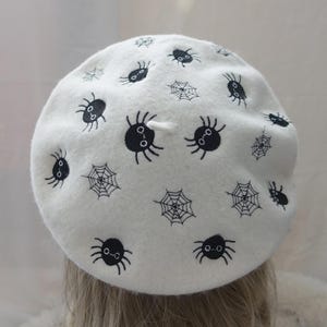 Black and white Embroidered Spider Web Beret - Halloween Goth Witchcore