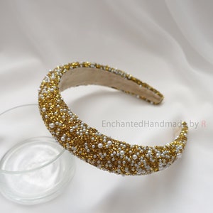 Glamorous Gold Sparkly Headband with Faux Pearls and Rhinestones - Wedding Hair Accessory