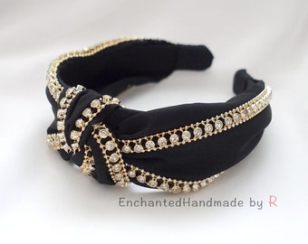 Luxurious Black Top Knot Headband featuring a Dazzling Rhinestone Embellishment,Classy and Chic Hair Wrap