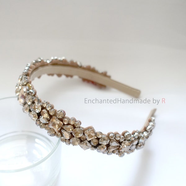 champagne Gold Crystal Rhinestone Embellished Headband, Luxury Hair Accessories, Bridal Tiara, Bridesmaid, Bling Headpiece, Crystal Headband