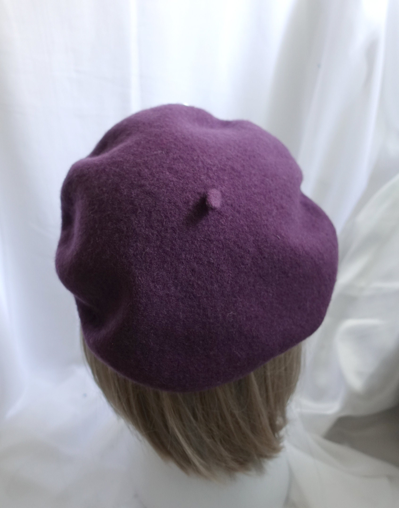 Purple Wool Felt Beret With White Cherry Blossom Embroidery 