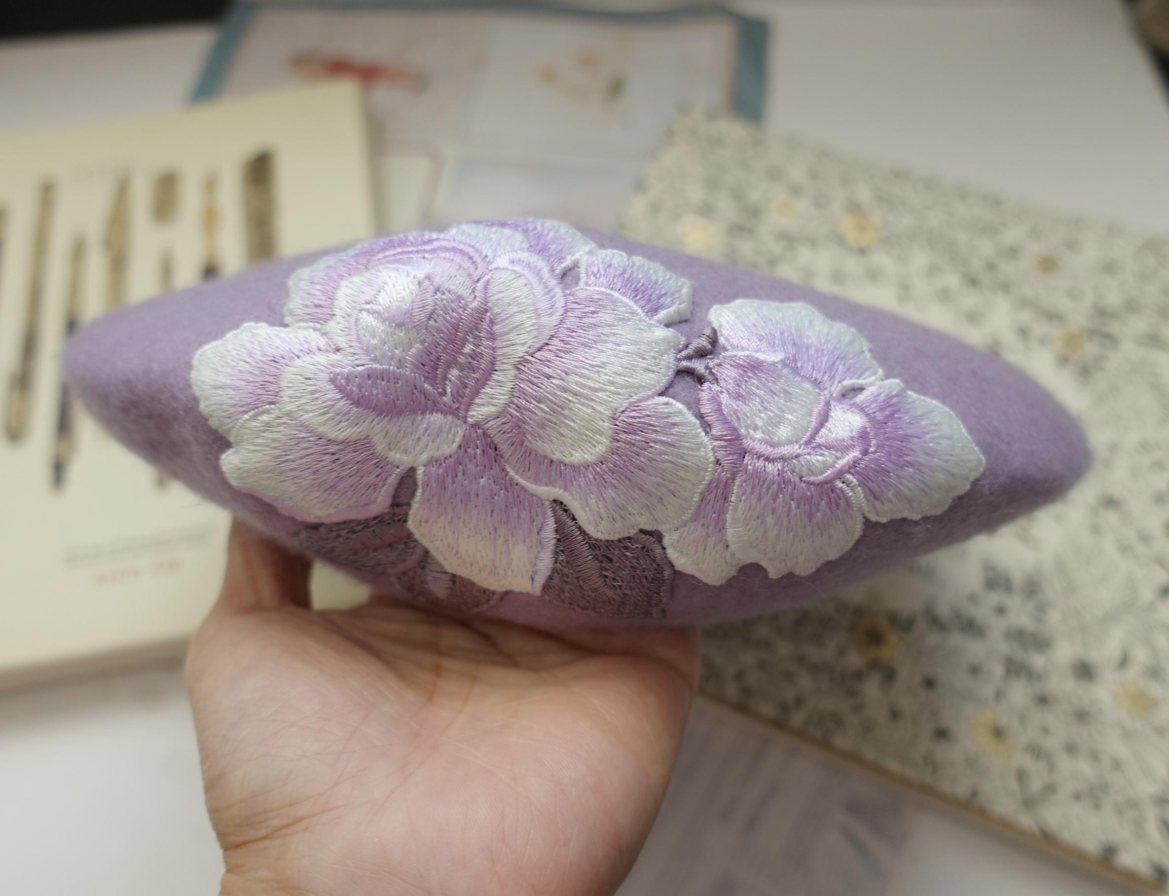 Lavender Purple Wool Beret With Peony Embroidery | Floral 