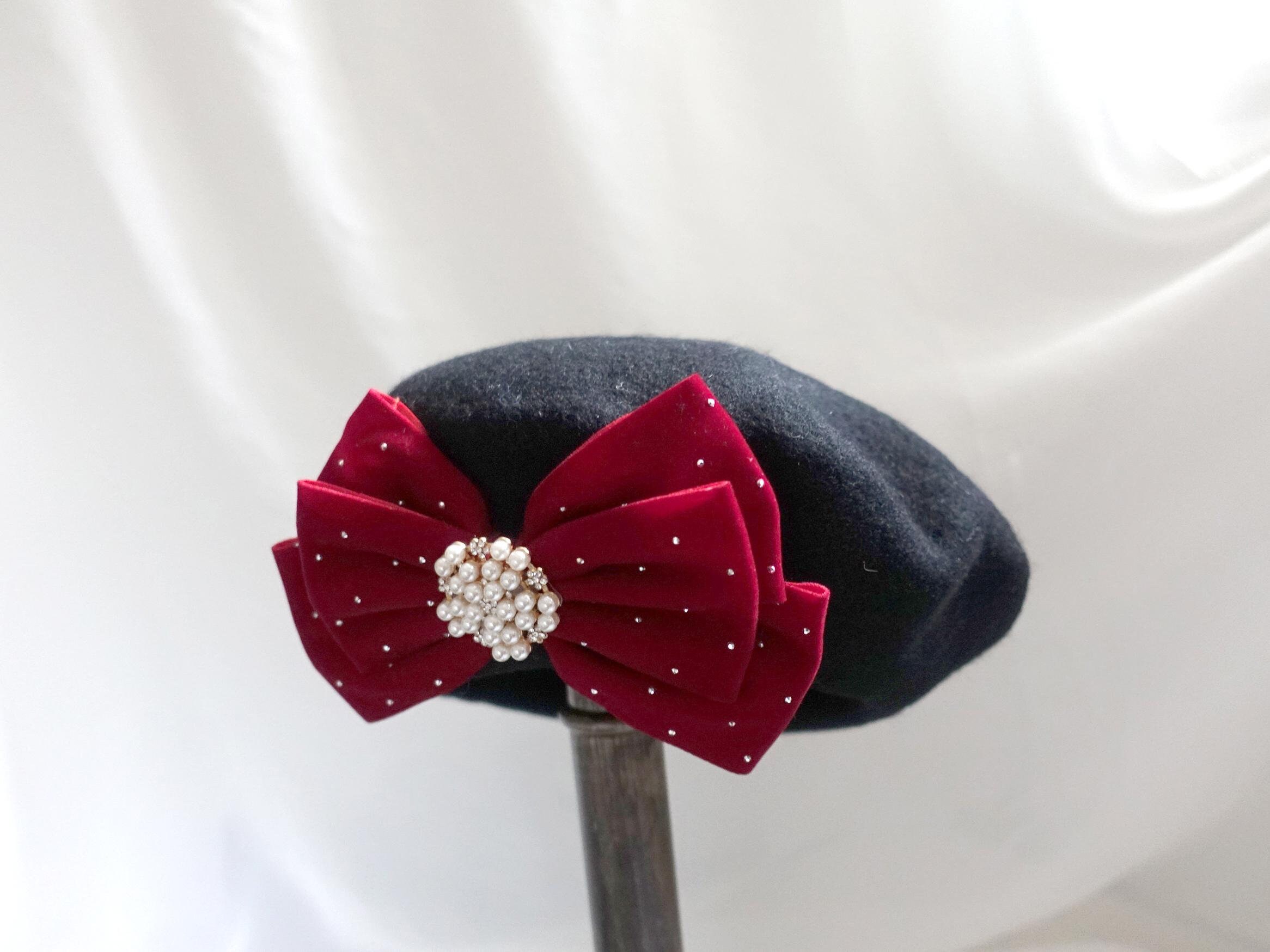 Elegant Black Beret Hat with Metal Dots and Rhinestone Deco - Velvet Bow Detail - Chic Accessory