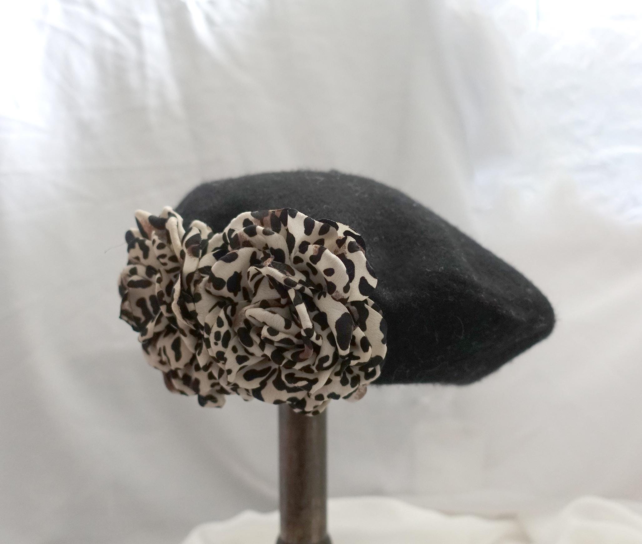 Black Wool Beret with Leopard Print Fabric Rose Animal Print Statement Hat