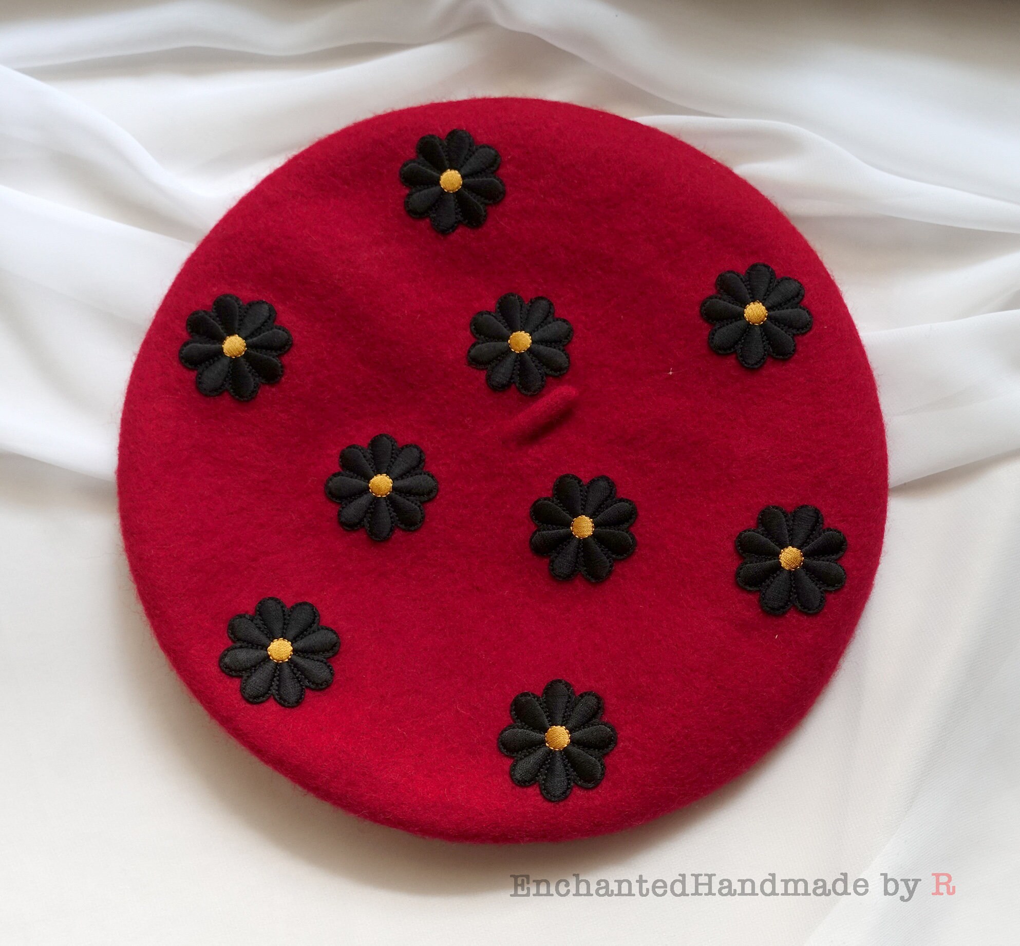 4991 Daisy Flower Hat Handmade Wool Beret French Style Needle Felt Flower Chiffon Flowers Beret, White Wool Beret Hat, French Beret  main image 3