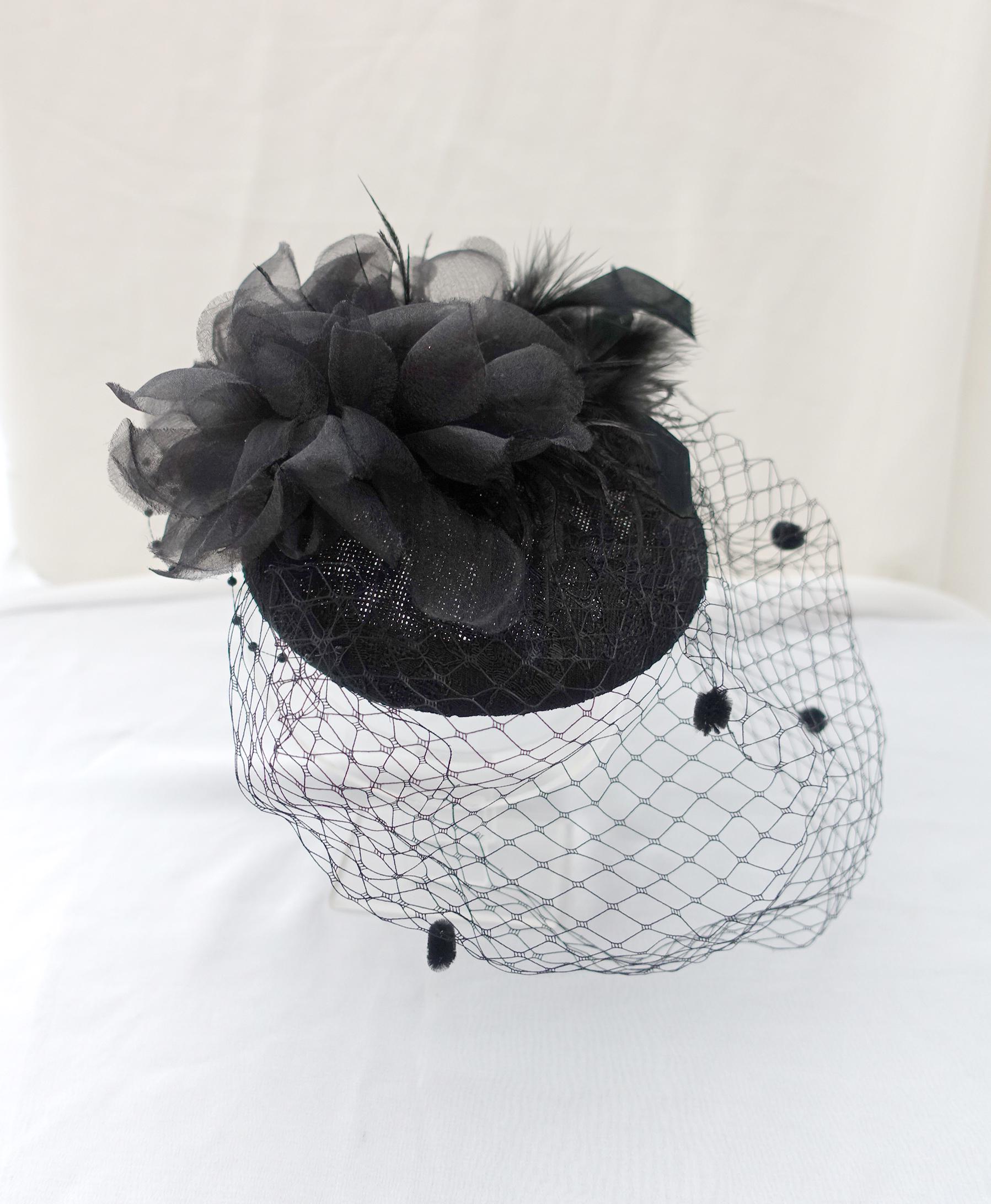 Elegant Black Feathered Fascinator with Veil Elegant Black Fascinator Hat with Veil & Flowers | Wedding  main image 2