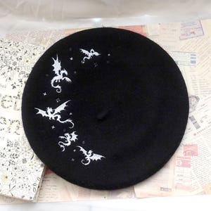 Black And White Wool Beret with Dragon Embroidery | Gothic Fantasy Beret | Mythical Creature Hat | Unique Witchy Aesthetic Fashion Accessory