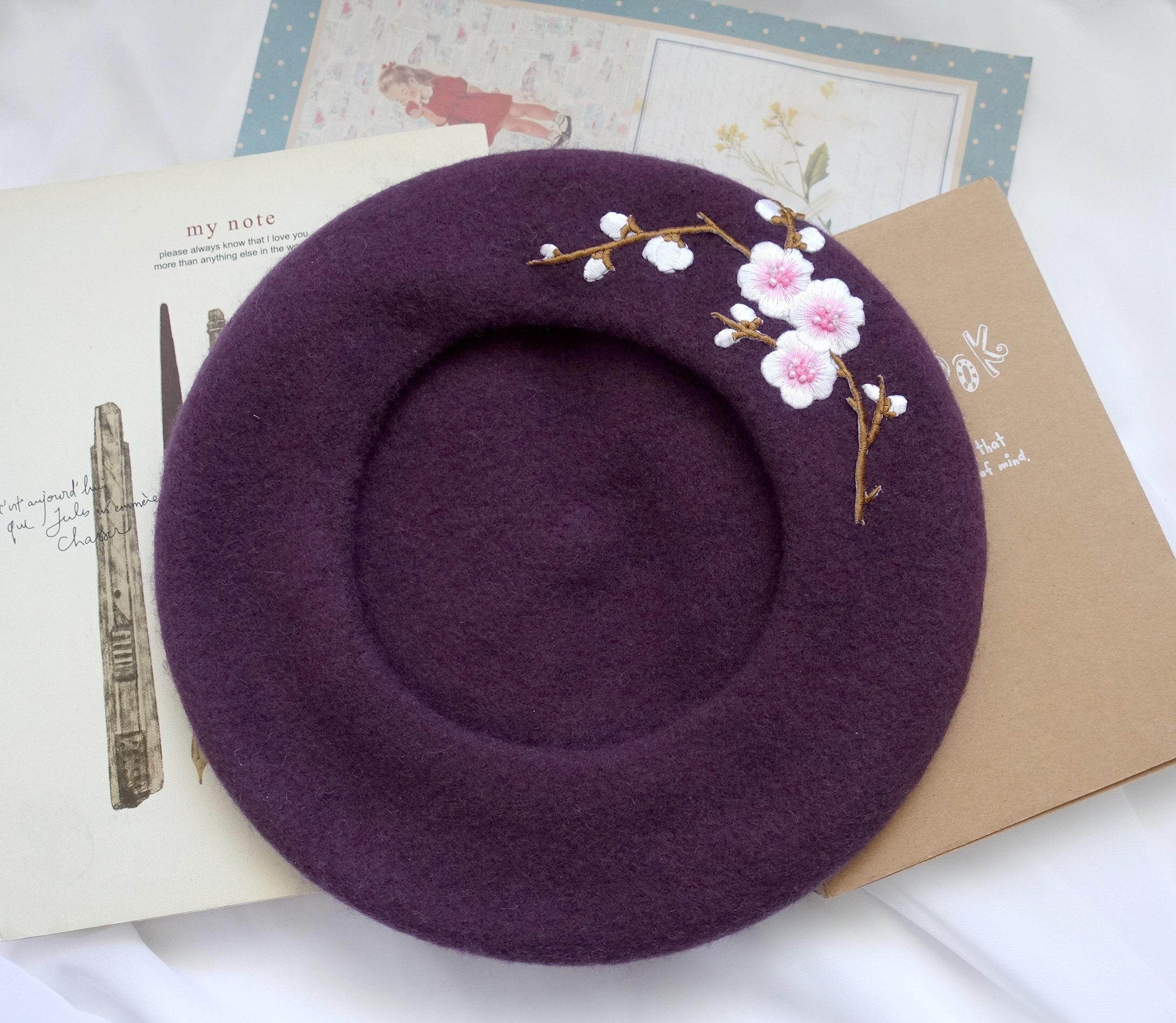 Purple Wool Felt Floral Accent Beret Lavender Purple Wool Beret With Peony Embroidery | Floral  main image 3