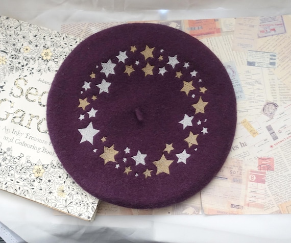 Purple Wool Beret With Gold and Silver Star Wreath 