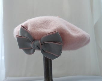 Pink Wool Beret with Gray Bow: French Girl Style Winter Hat