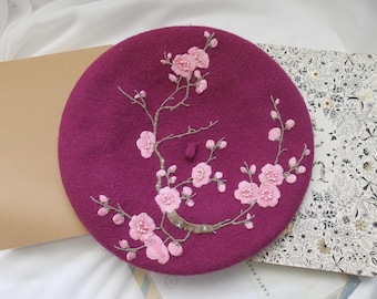 Unique Magenta Wool Beret with Embroidered Pink Cherry Blossom Back Design