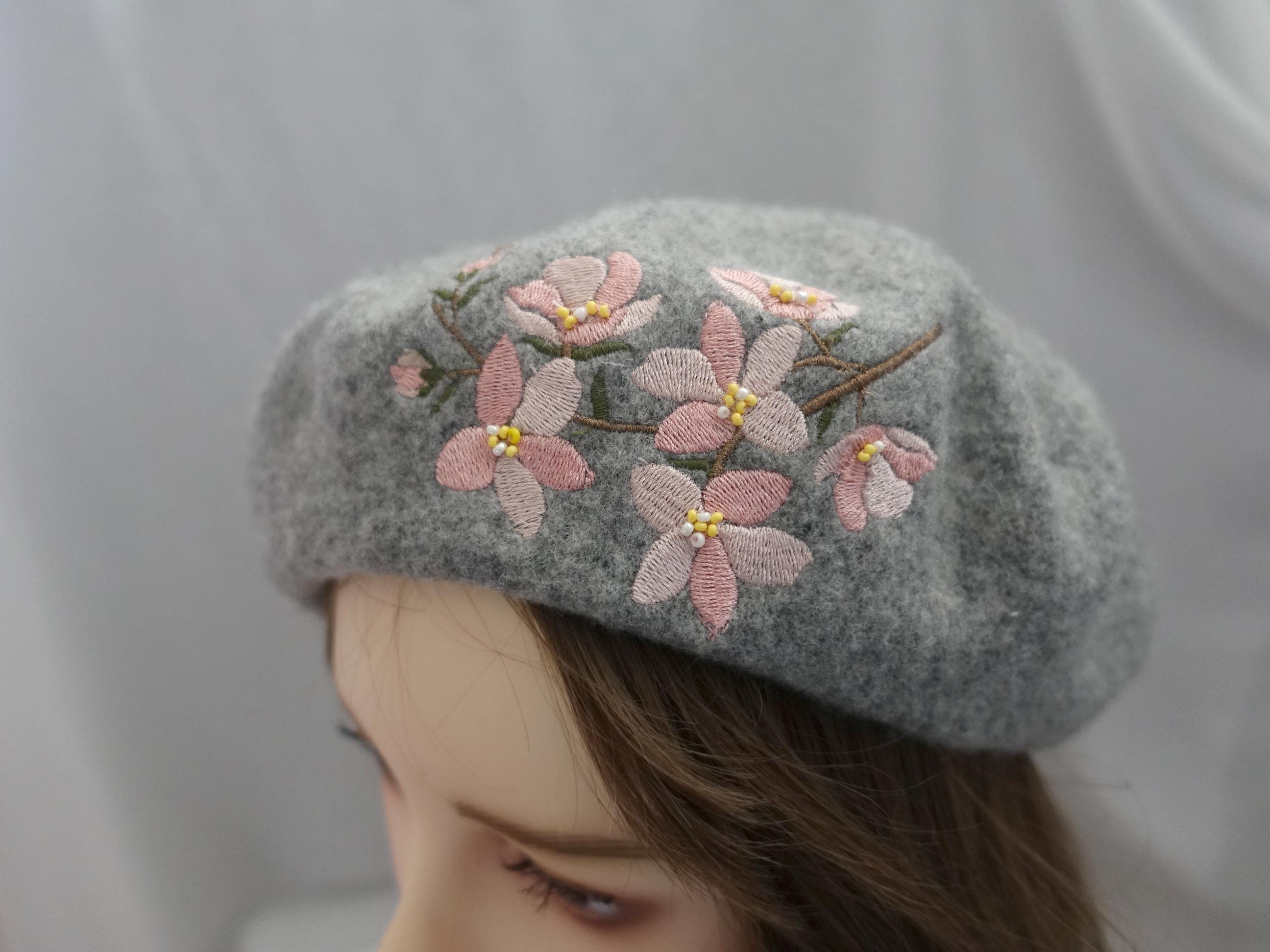 Elegant Grey Wool Beret With Pink Floral Embroidery - Etsy
