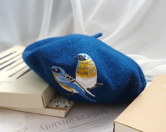 Blue Wool Felt Beret Hat featuring Two Adorable Embroidered Bluebirds