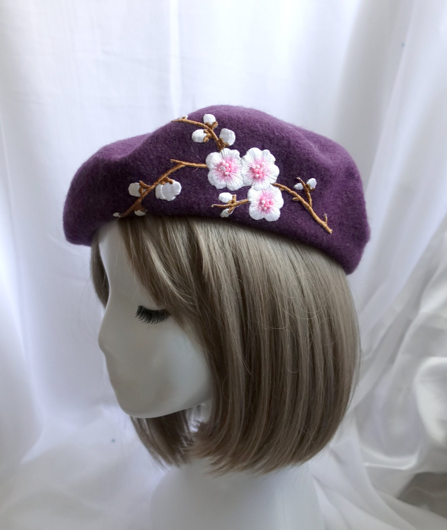 Purple Wool Felt Floral Accent Beret Lavender Purple Wool Beret With Peony Embroidery | Floral  main image 4