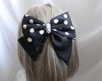 Vintage-Inspired Black Polka Dots Hair Bow with Rhinestone and Pearl - Retro Hair Accessory