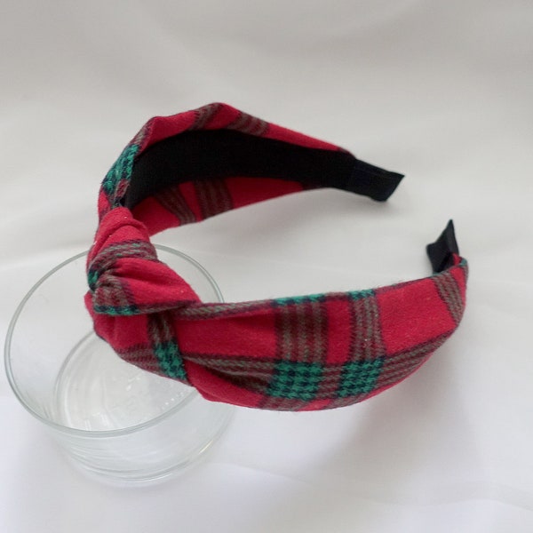 Bandeau avec noeud supérieur en tartan rouge et vert Holiday Cheer - Accessoire pour cheveux festif