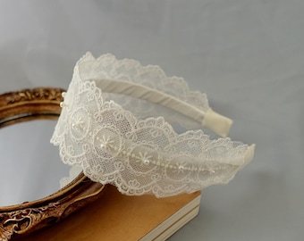 White Lace Headband with Pearl Details- Bridal Wedding Baptism Hair Accessory
