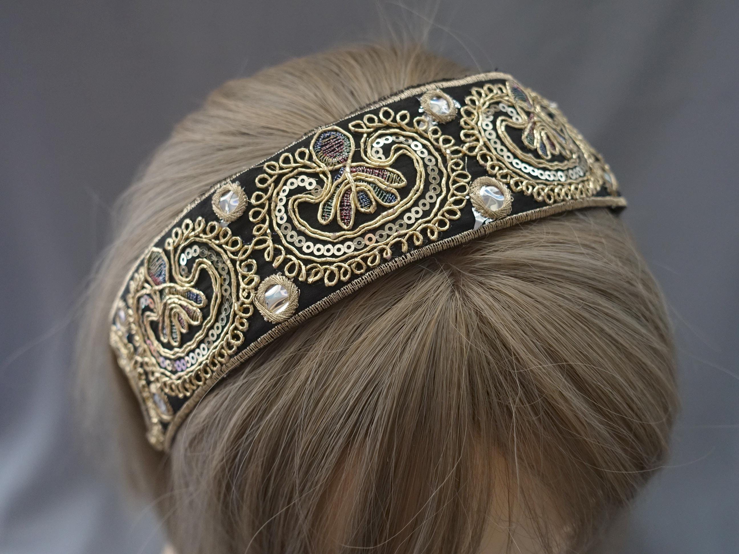 Black and Gold Rhinestone Floral Headband Black lace headband gold floral – ShariRose main image 3