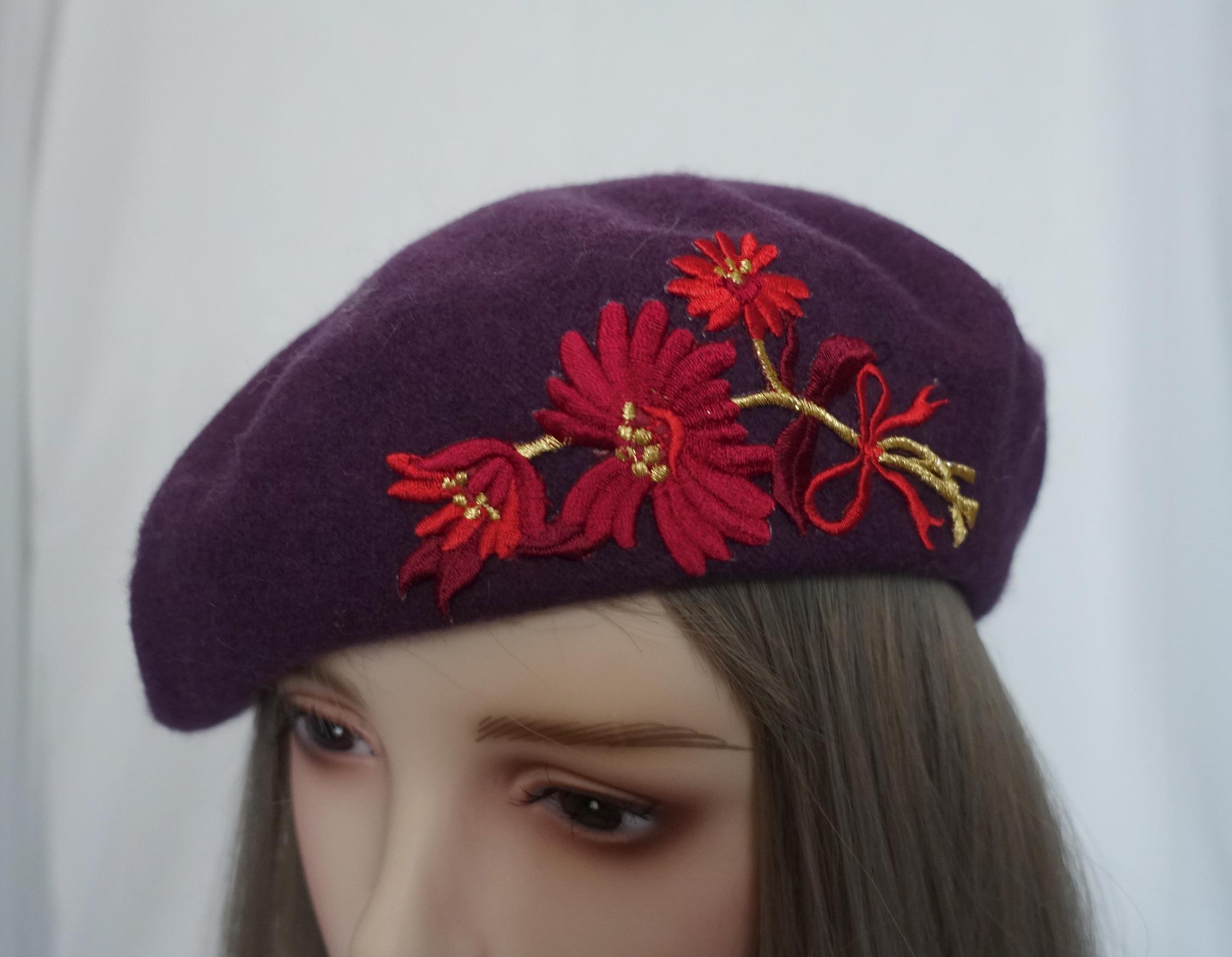 Purple French Beret With Red Gold Floral Embroidery 
