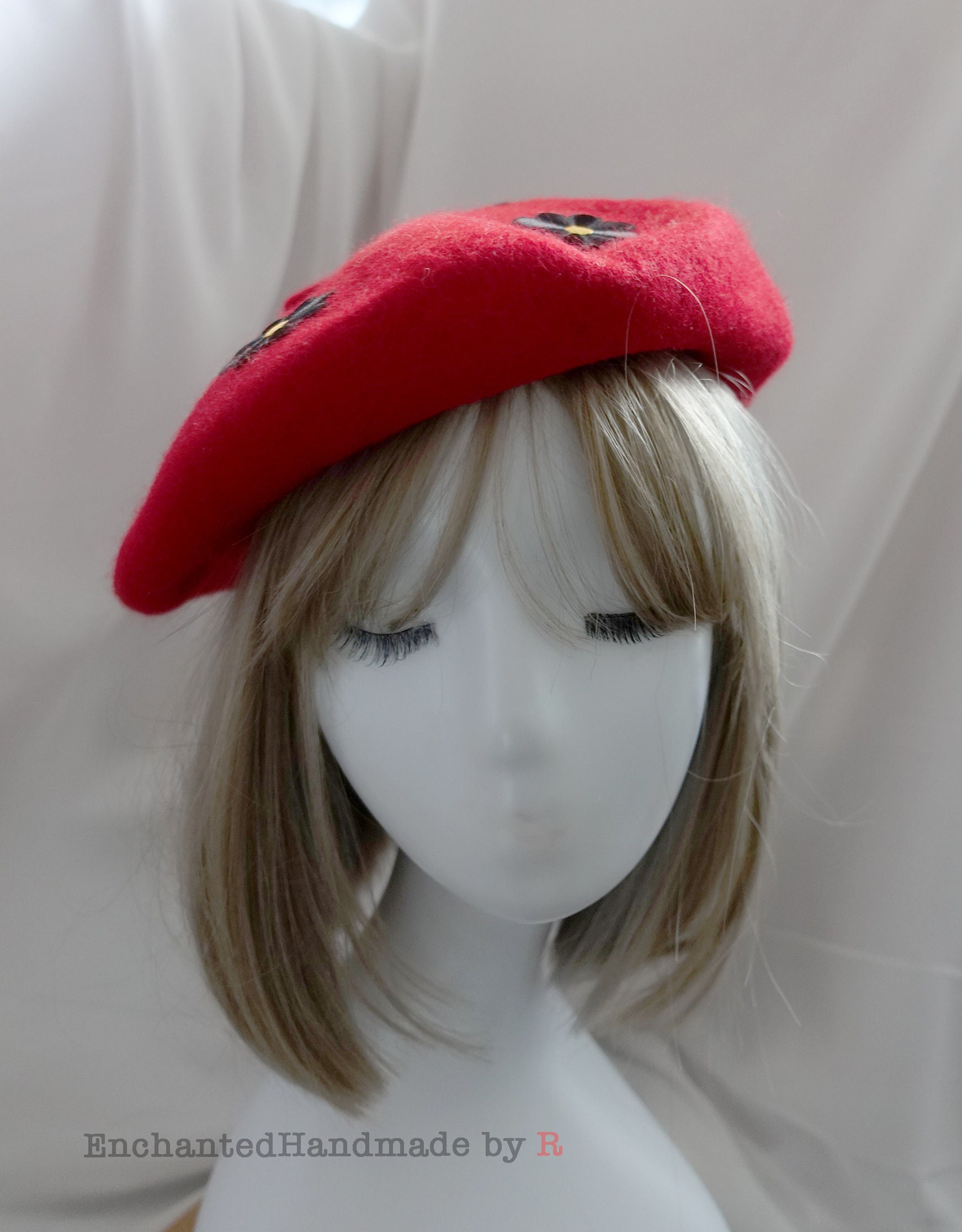 4991 Daisy Flower Hat Handmade Wool Beret French Style Needle Felt Flower Yellow Sun Flowers Beret, White Wool Felt Beret Hat, French  main image 4