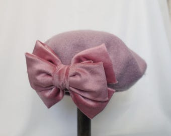 Dusty Pink Wool French Beret with Pink Velvet Bow