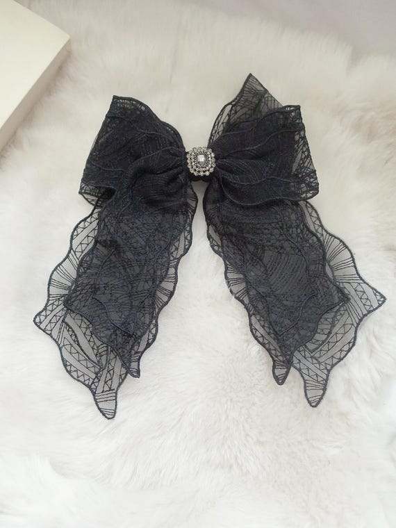 Elegant Black Lace Hair Bow with Long Tails | Gothic Victorian Style Hair Clip