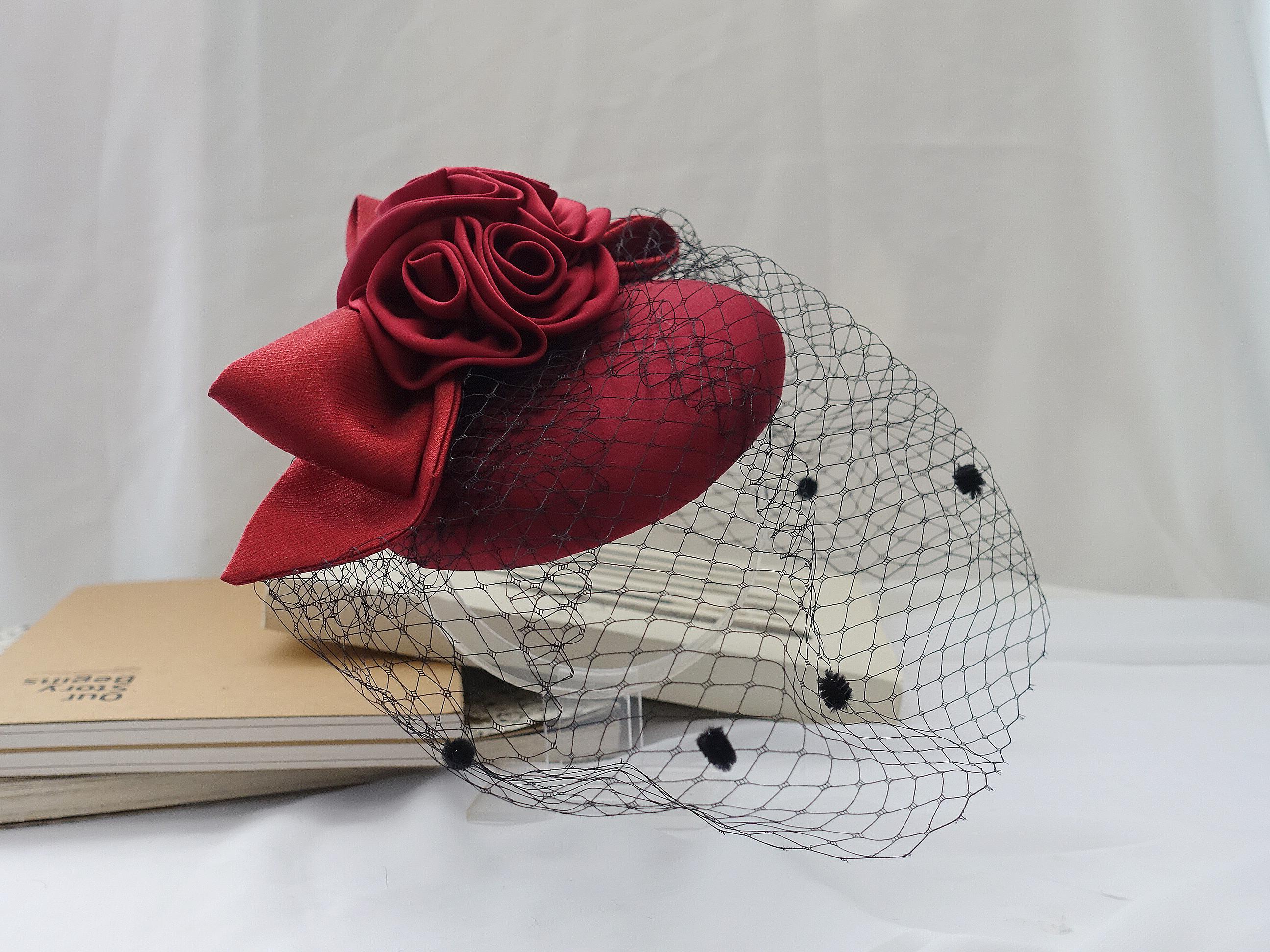 Burgundy Red Satin Pillbox Fascinator with Rose Cluster, Bow & Polka Dot Veil