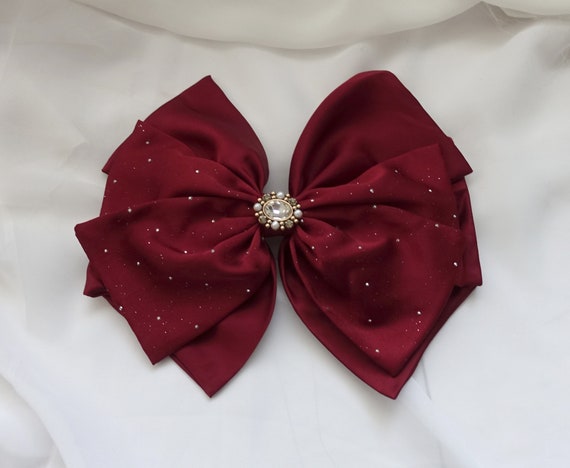 Handmade Elegant Wine Red Satin Hair Bow With Sparkling  display picture 2