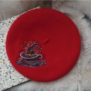 Red Witch Hat Embroidered Beret – Halloween Cottagecore , Witchcore Autumn Fashion, Magical Cozy Fall Gift