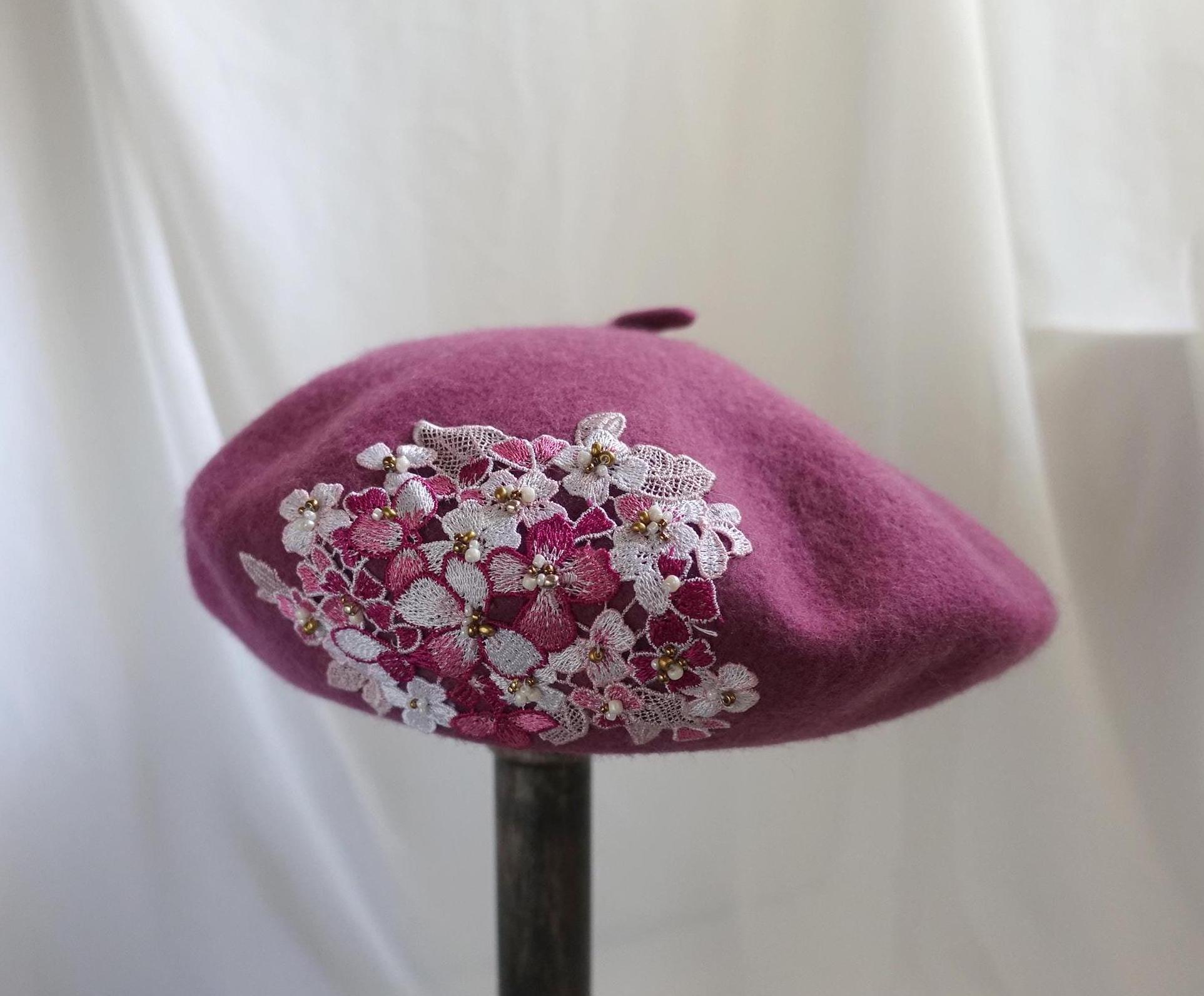 Magenta Wool Beret With Lilac Lace Flower Embroidery and Pearl