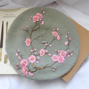 Unique Sage Green Wool Beret with Embroidered Pink Cherry Blossom Back Design