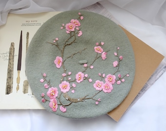 Unique Sage Green Wool Beret with Embroidered Pink Cherry Blossom Back Design