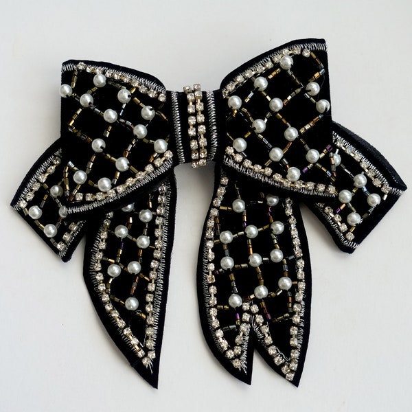 Elegant Black Velvet Hair Bow with Faux Pearl Clip - Classic and Chic