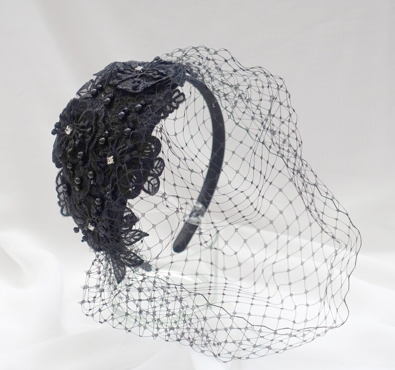 Elegant Black Fascinator Headband With Veil and Lace Patchwork Detail
