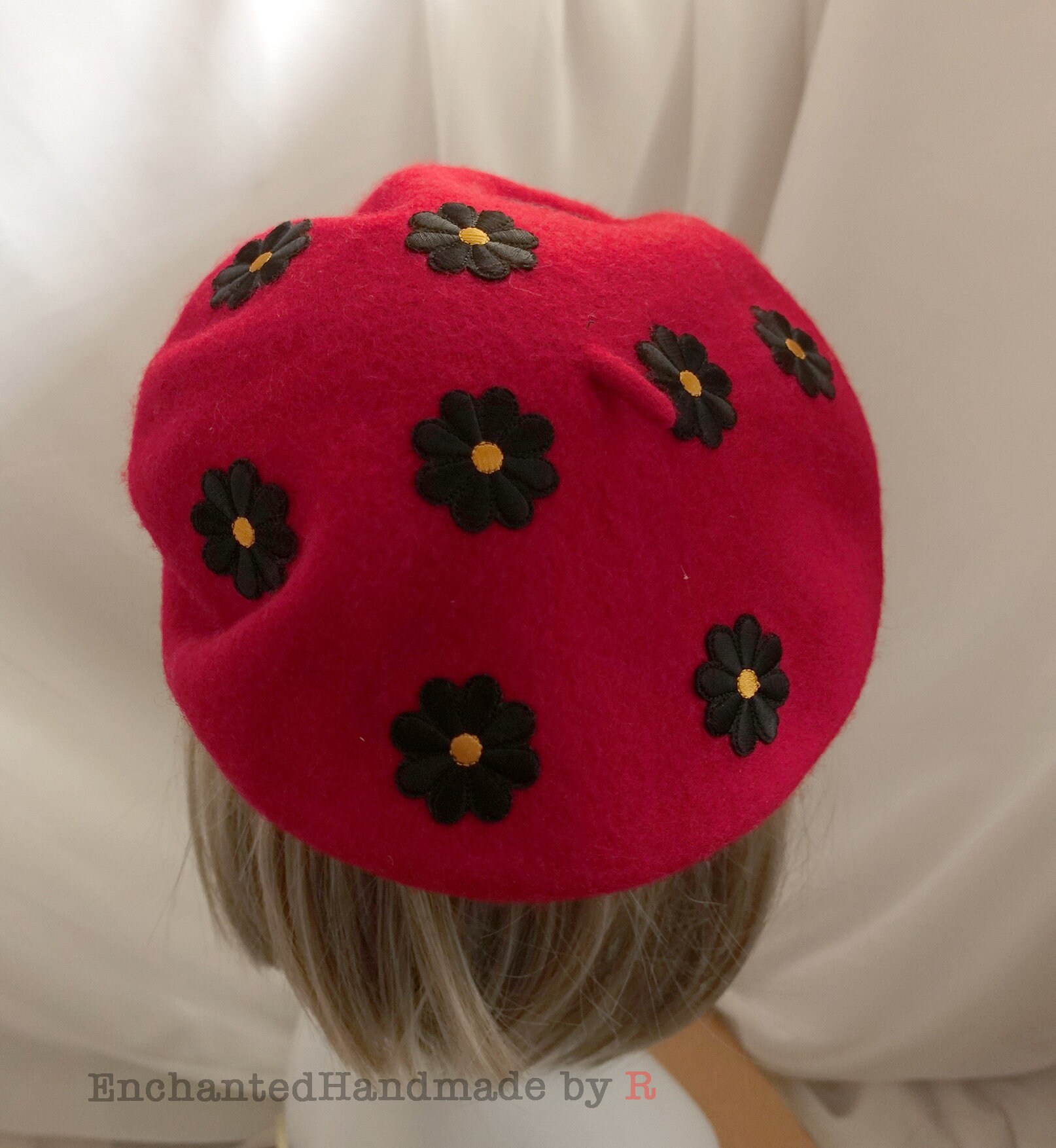 4991 Daisy Flower Hat Handmade Wool Beret French Style Needle Felt Flower Yellow Sun Flowers Beret, White Wool Felt Beret Hat, French  main image 3