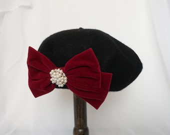 Black Velvet Beret Hat Bow - Etsy