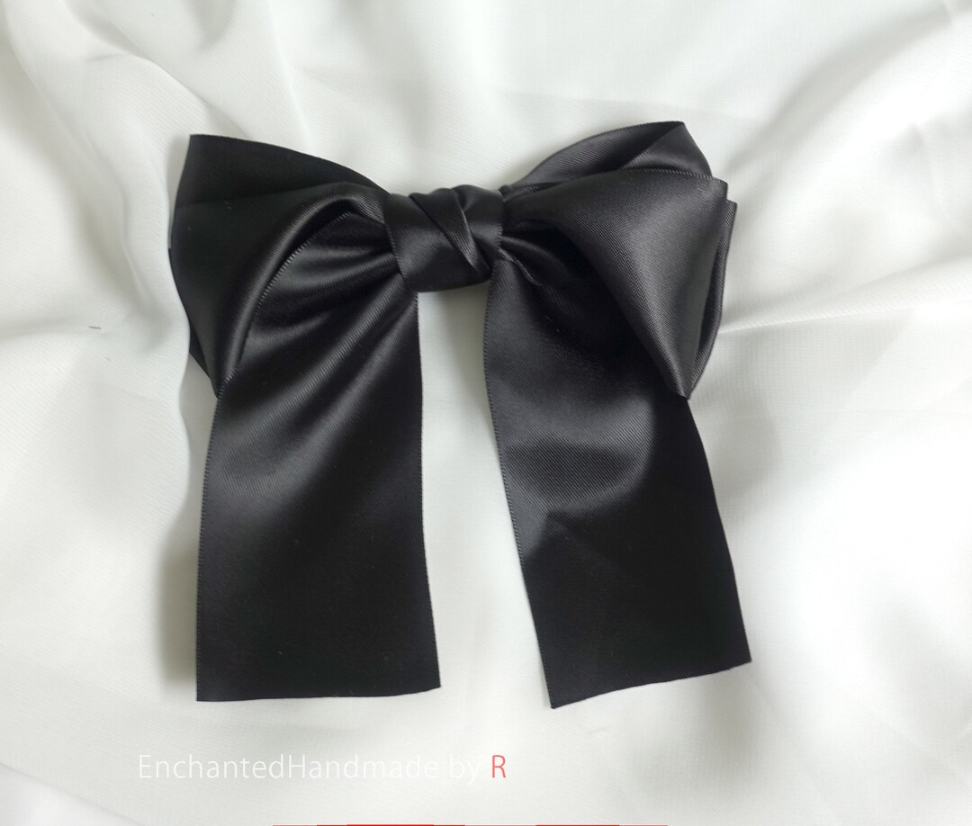 Black Satin Bow With Long Tails Women's Barrette Hair Etsy