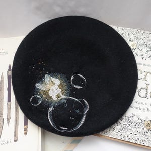 Black Wool Beret with Unique Fairy Embroidery - Fairy Tale Inspired Hat
