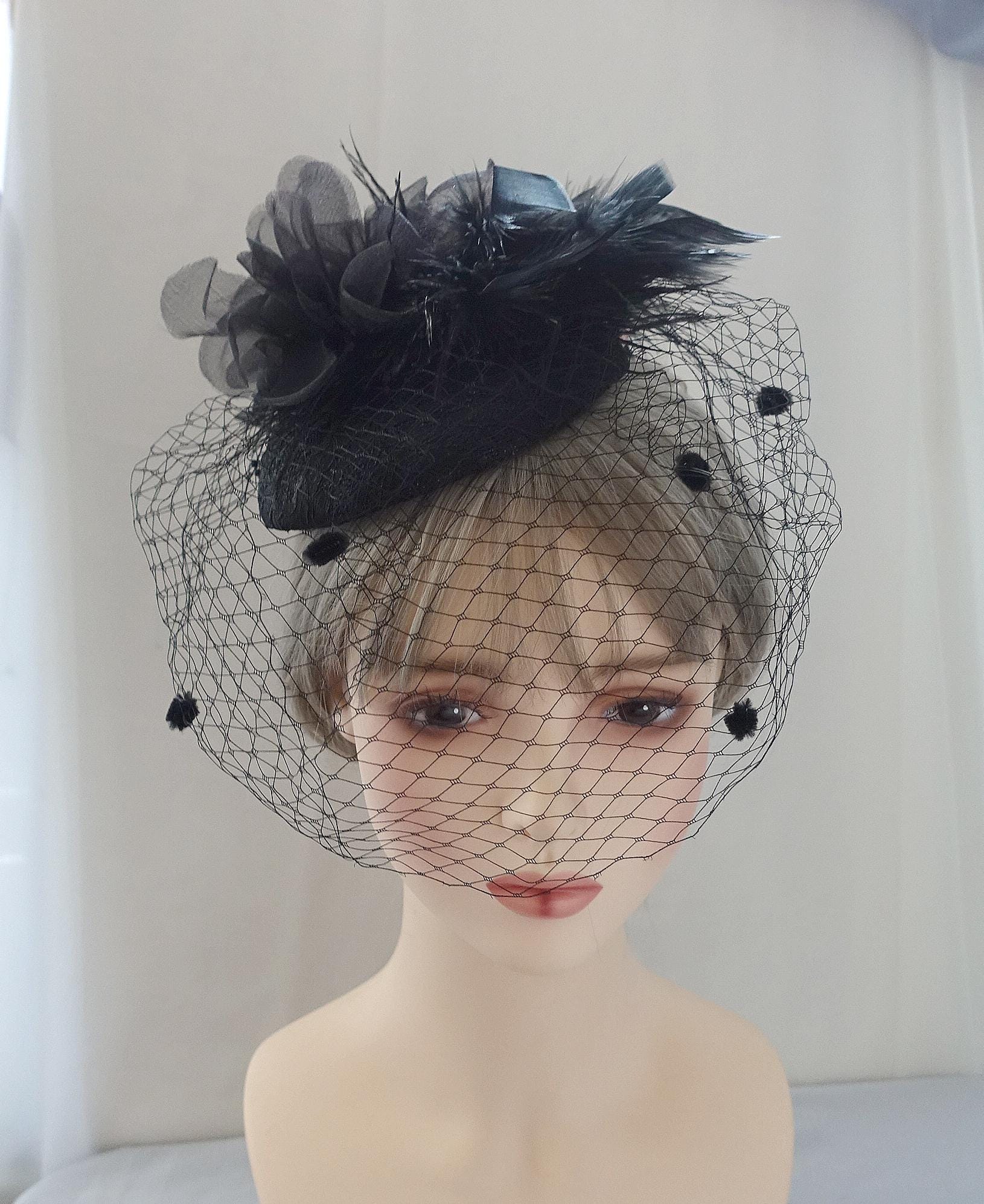Black Fascinator Hat With Flower Feather & Birdcage Veil 