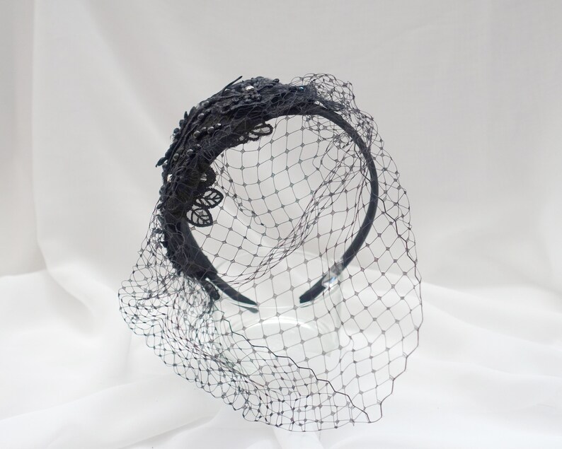 Elegant Black Fascinator Headband With Veil and Lace Patchwork Detail