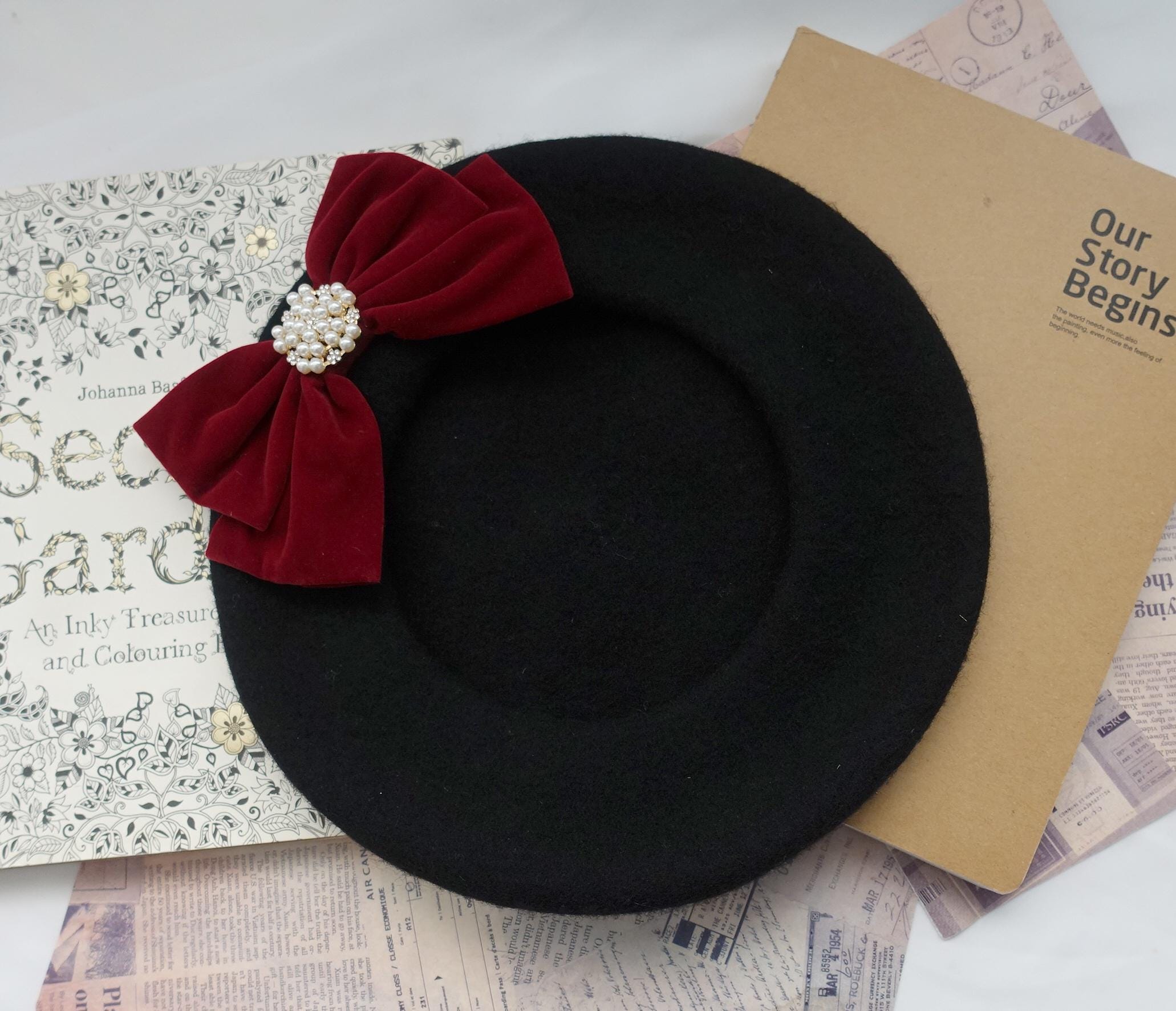 6534 Winter Beret Hat For Women, Black Warm Velvet Beret Cap With Pearl Decor, Black Velvet Beret | Hot Topic main image 2