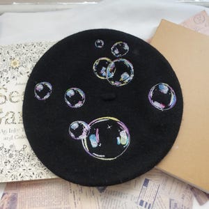 Black Wool Beret with Playful Bubble Embroidery Design