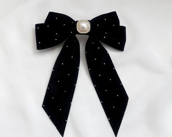 Stylish Black Metal Dots Velvet Hair Bow with Long Tail and Faux Pearl Centerpiece - Statement Hair Accessory