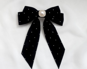 Stylish Black Metal Dots Velvet Hair Bow with Long Tail and Faux Pearl Centerpiece