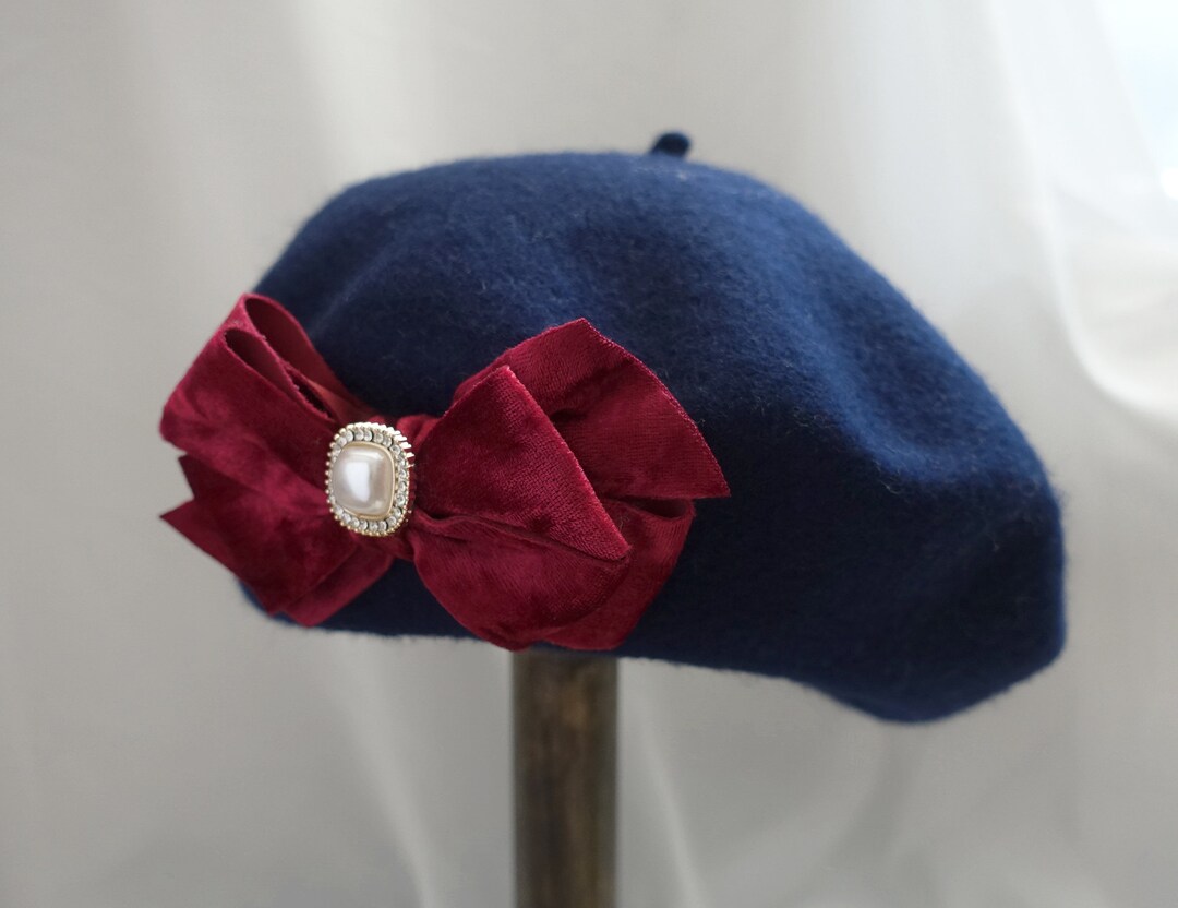 Classic Navy Blue Beret Hat With a Pop of Wine Red Velvet Bow Etsy